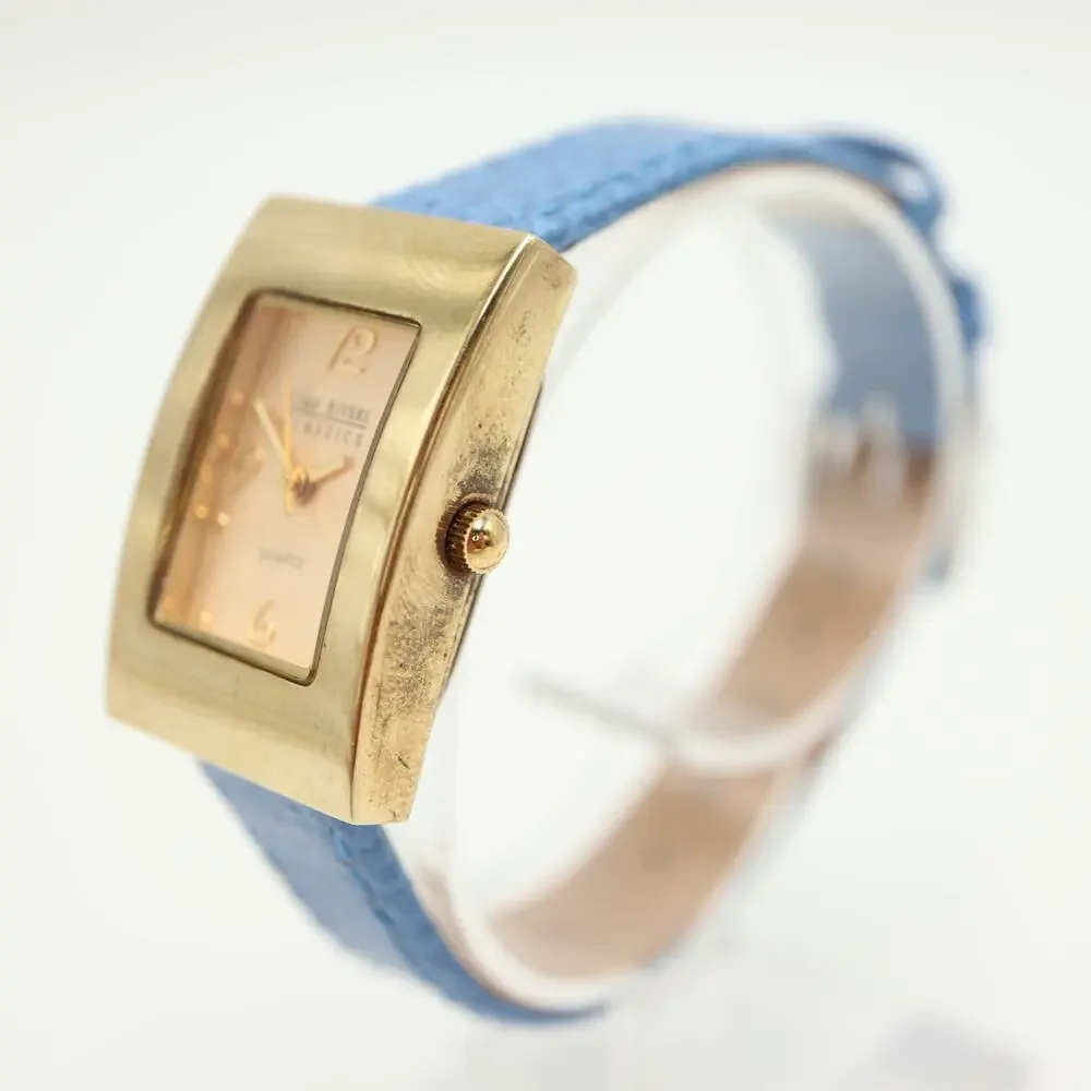 Joan Rivers Classics Gold Tone 22mm Tank Watch Blue Leather with New Battery